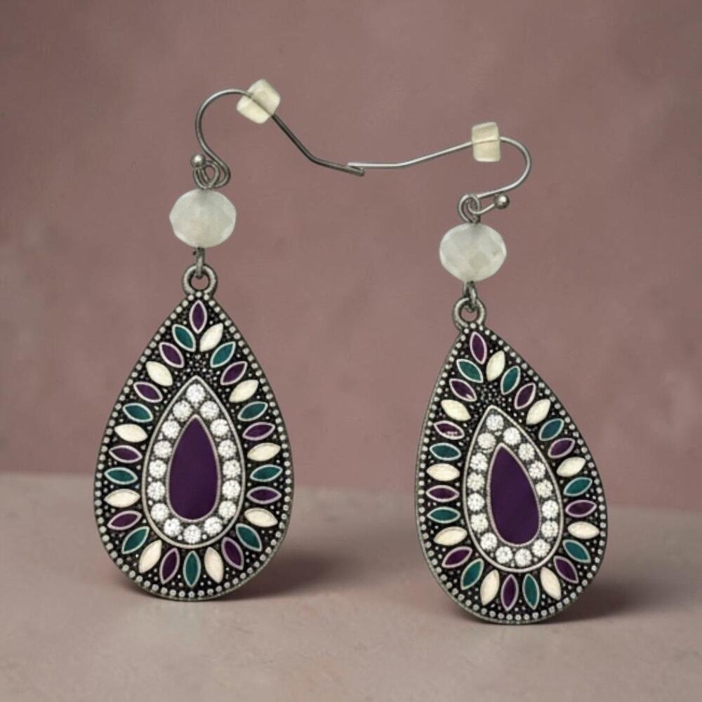 Handmade Boho Enamel Rhinestone Teardrop Statement Earrings